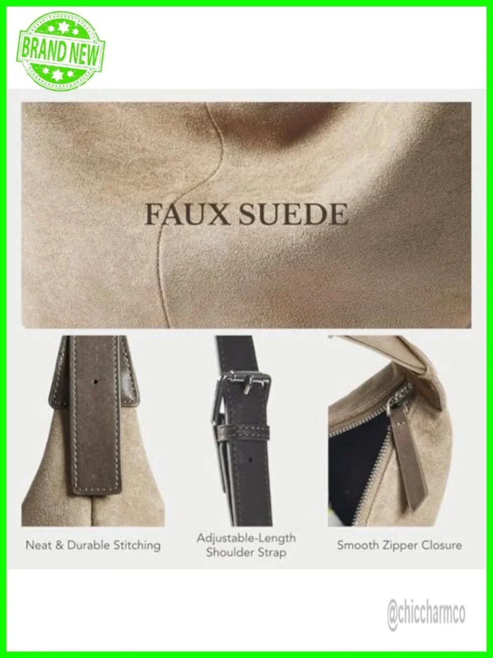 Faux Suede Crescent Crossbody Hobo Bag with Zipper Closure